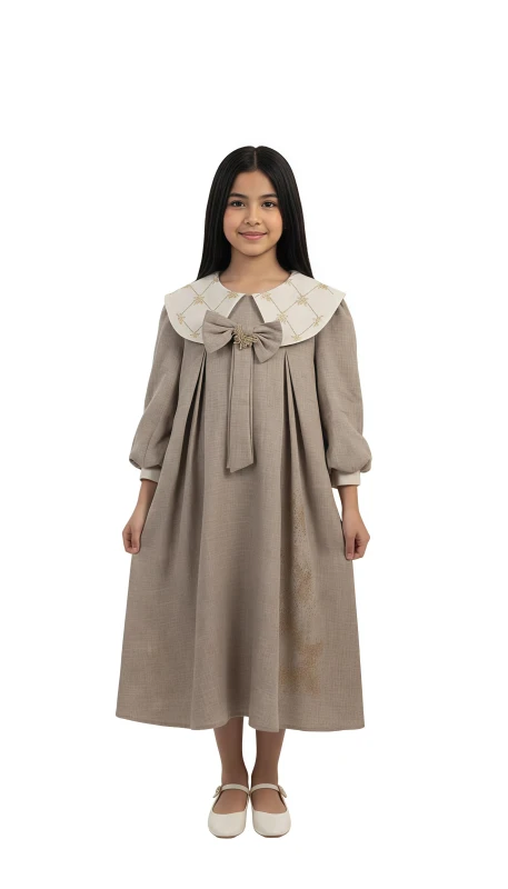 Girls' Pleated Collar Dress - Brown