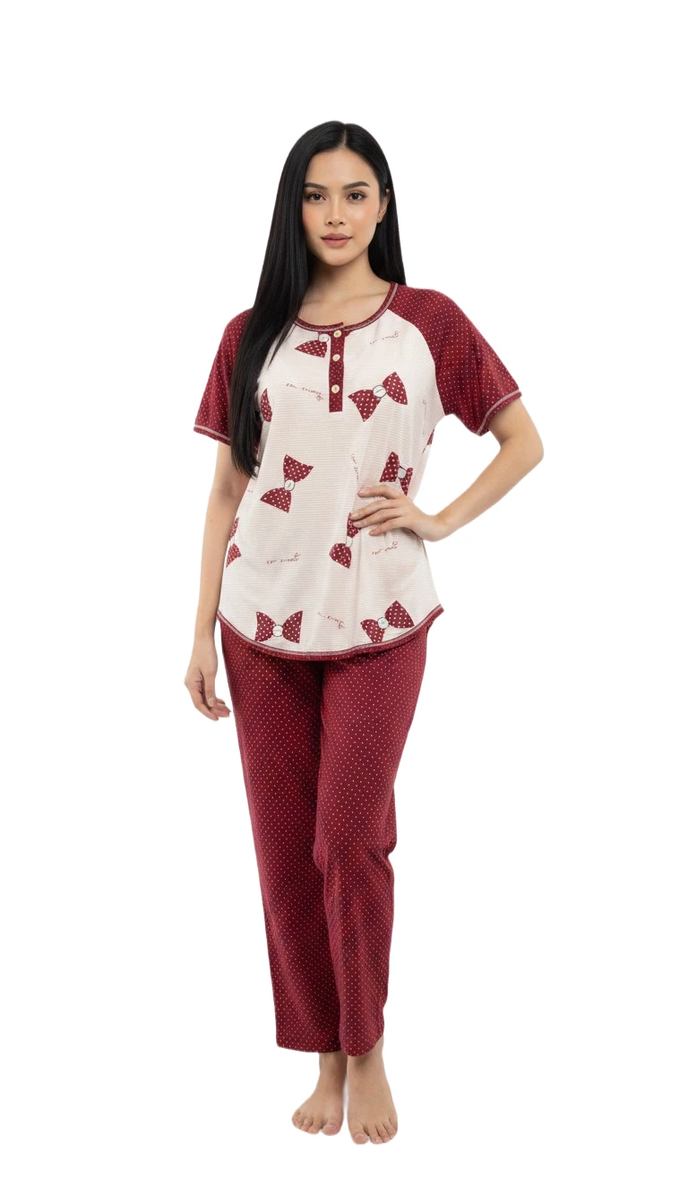 Women's Bow Print Raglan Pajama Set - Red