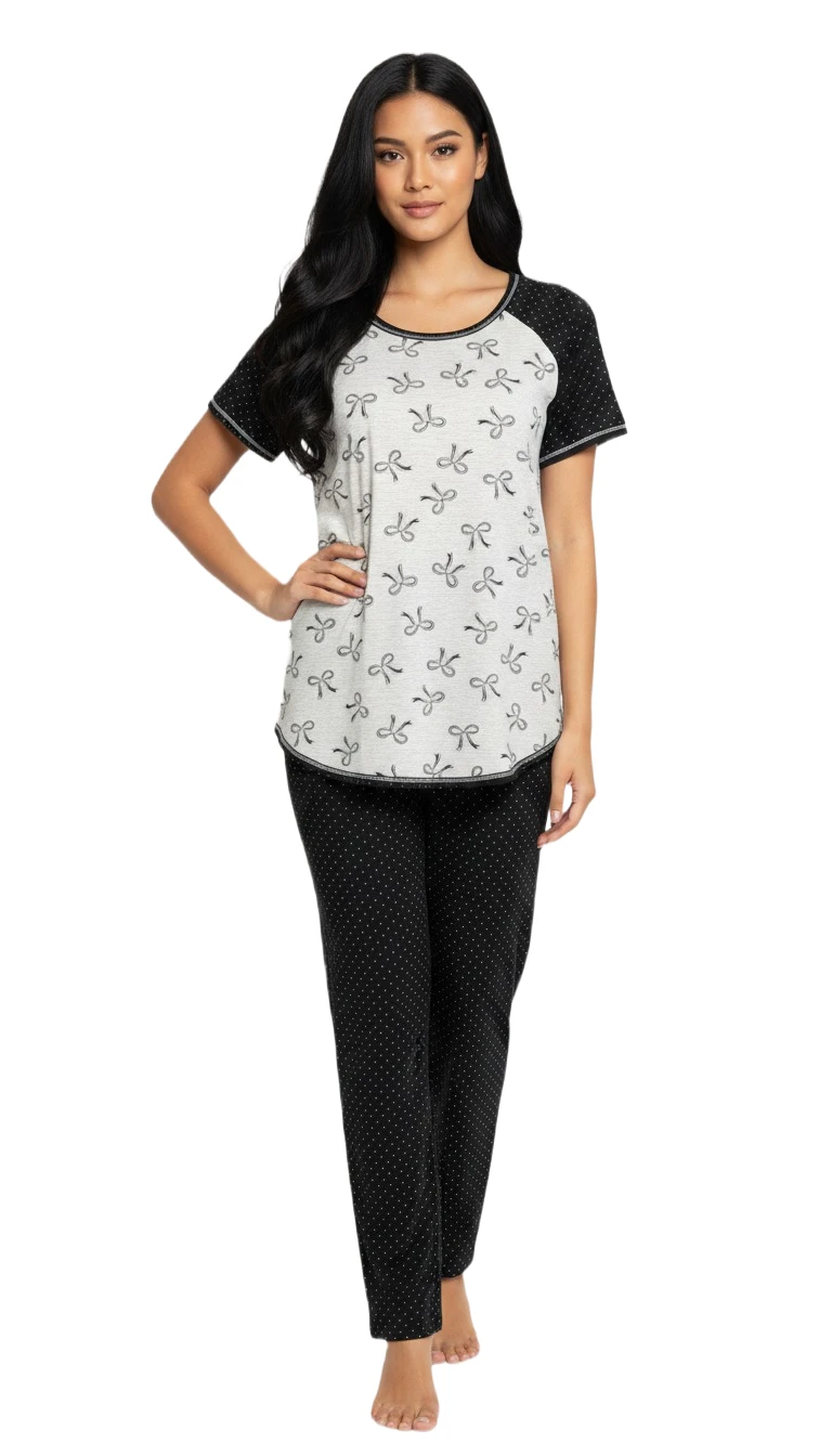 "Cozy Bow-Print Pajama Set" - LightGrey