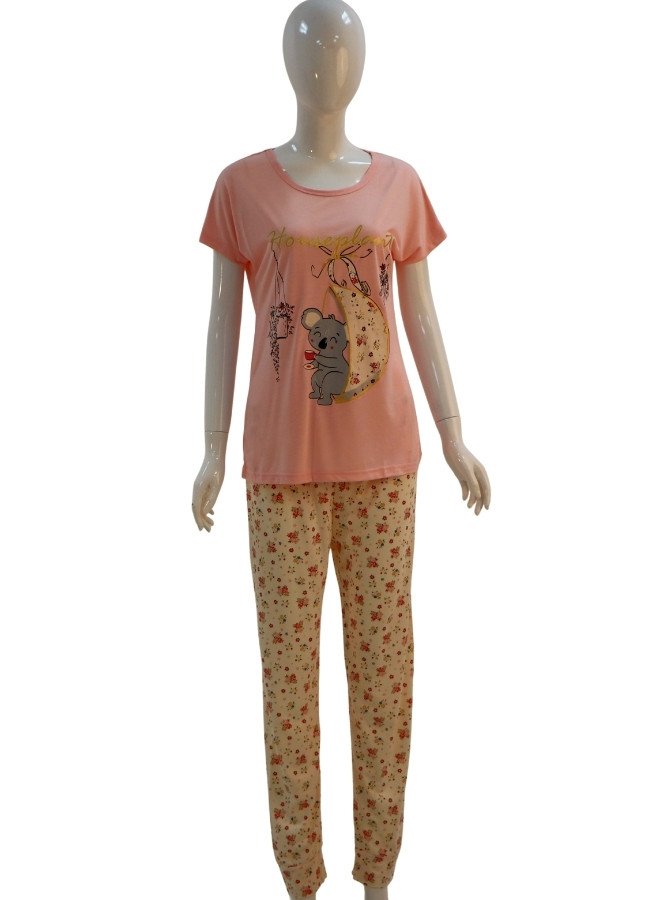 Women’s Cotton Printed Sleepwear Set – Koala “Houseplant” Design - Pink