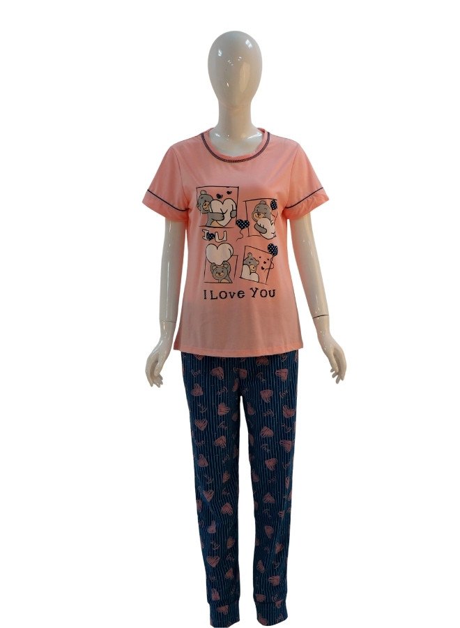 "I Love You" Cute Cartoon Print Women's Cotton Pajama Set - LightPink