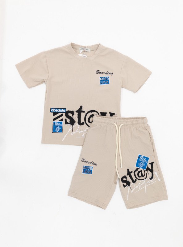Boys’ “Stay Positive” Graphic Set – T-Shirt & Shorts - Beige