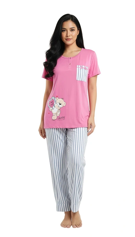 Women's Happy Bear Striped Comfort Pajama Set - Pink