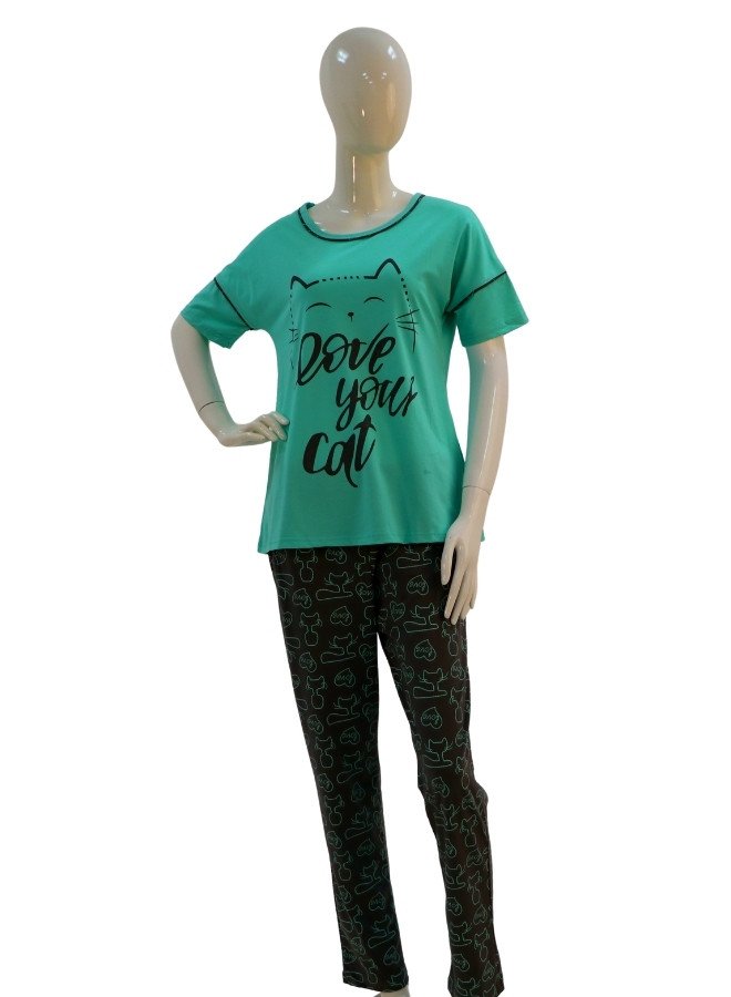 Women's "Love Your Cat" Cotton Pajama Set - LightSeaGreen