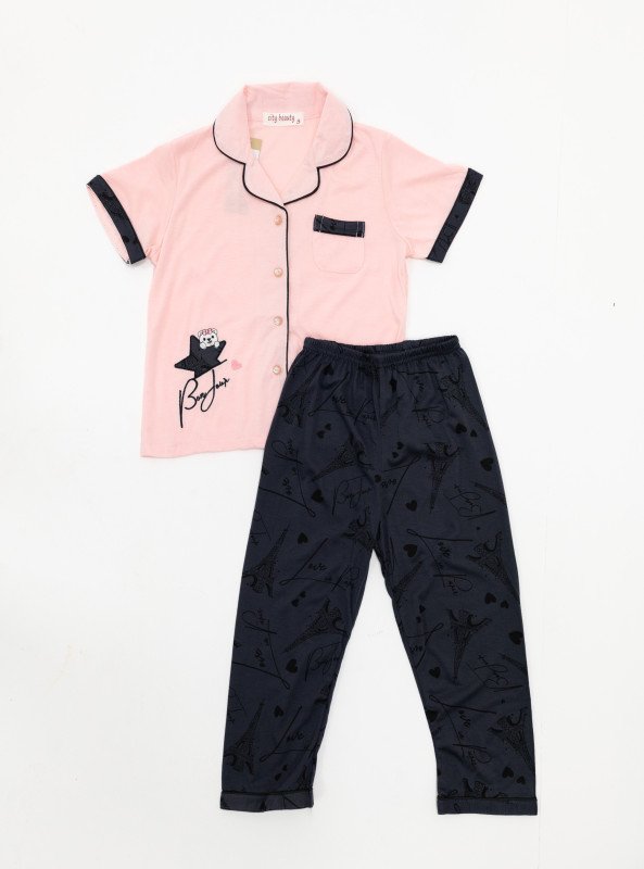Girls' “Bonjour Paris” Notch Collar Pajama Set - Pink