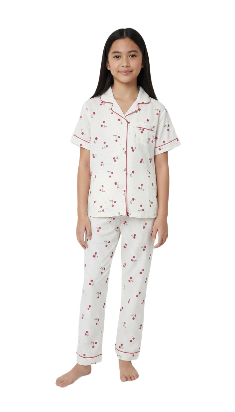 Cherry Delight Girls' Pajama Set - White