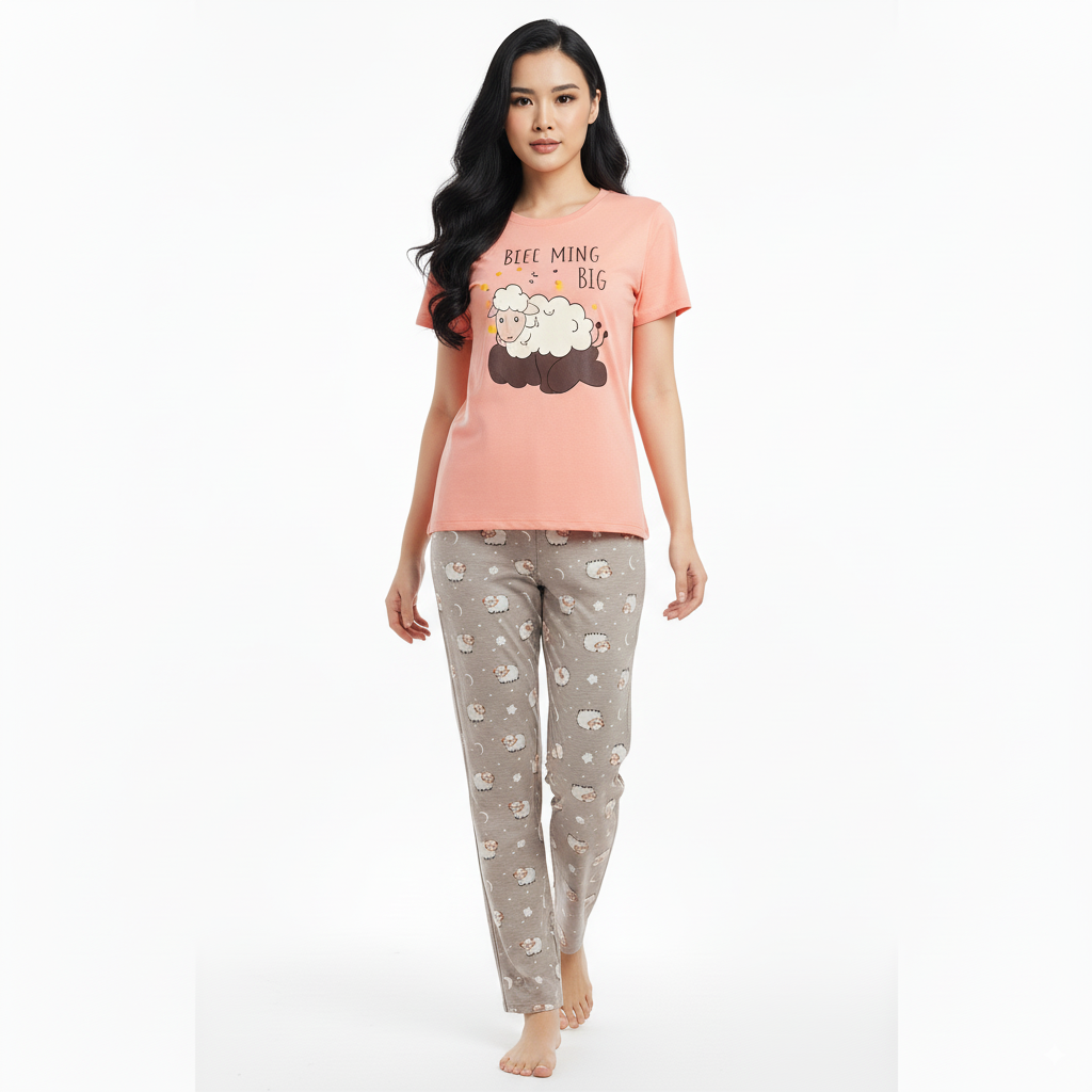 Women's Cotton Pajama Set – "Dream Big" Sheep Print Night Suit - Pink
