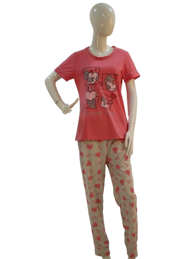 "I Love You" Cute Cartoon Print Women's Cotton Pajama Set - Pink