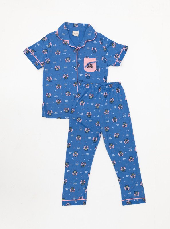 Girls' Printed Short Sleeve Pajama Set – Glam Forever Style - Blue