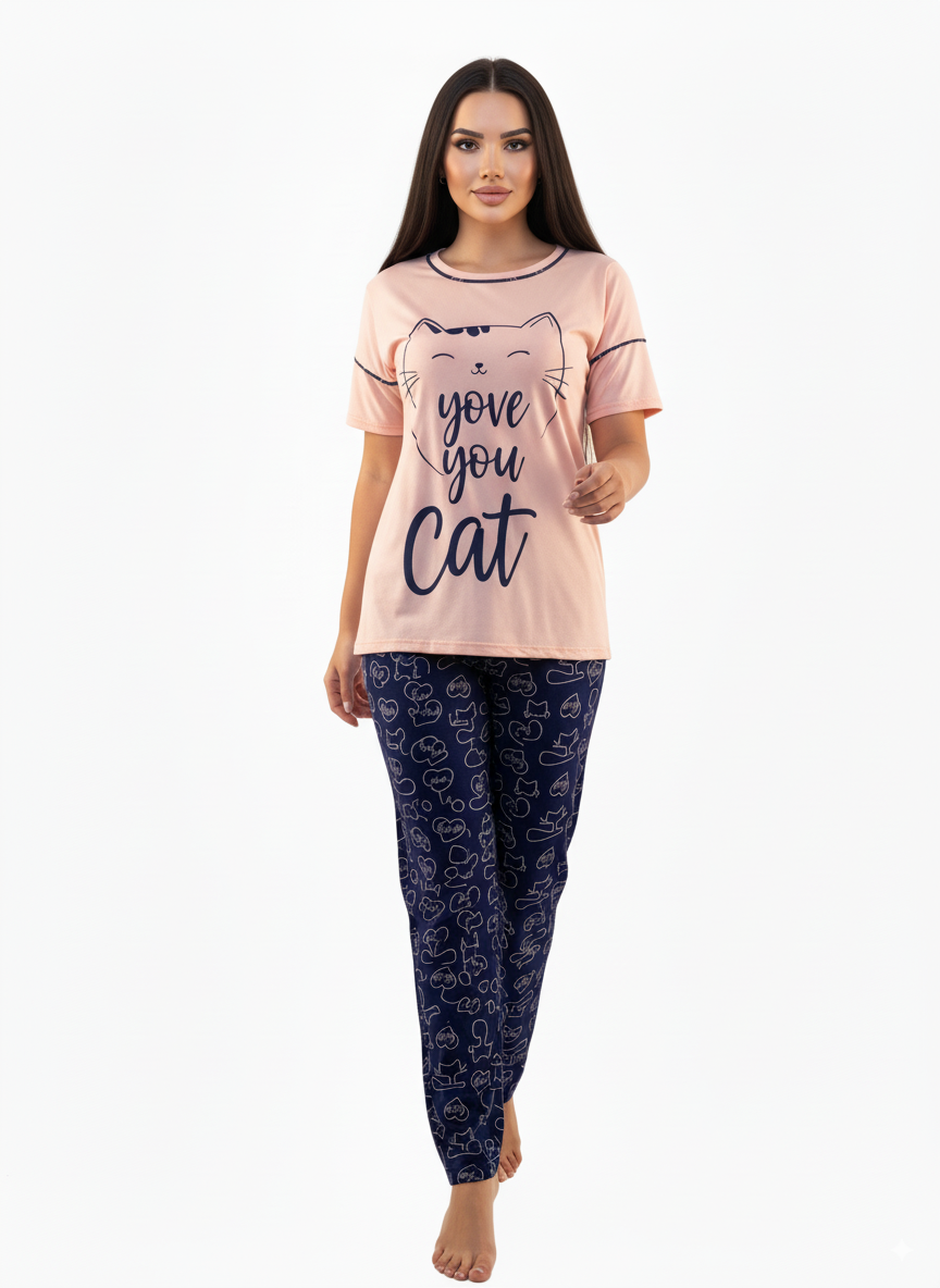 Women's "Love Your Cat" Cotton Pajama Set - Pink
