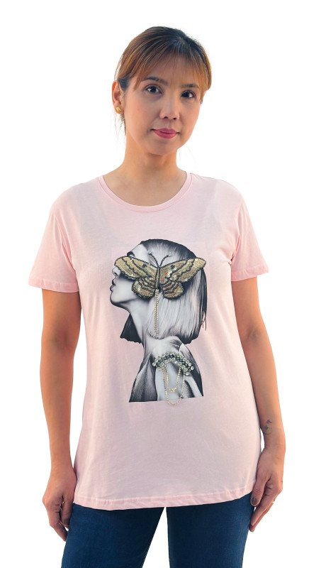 Women's Lady With Butterfly Print Round Neck Short Sleeve T-Shirt - Pink