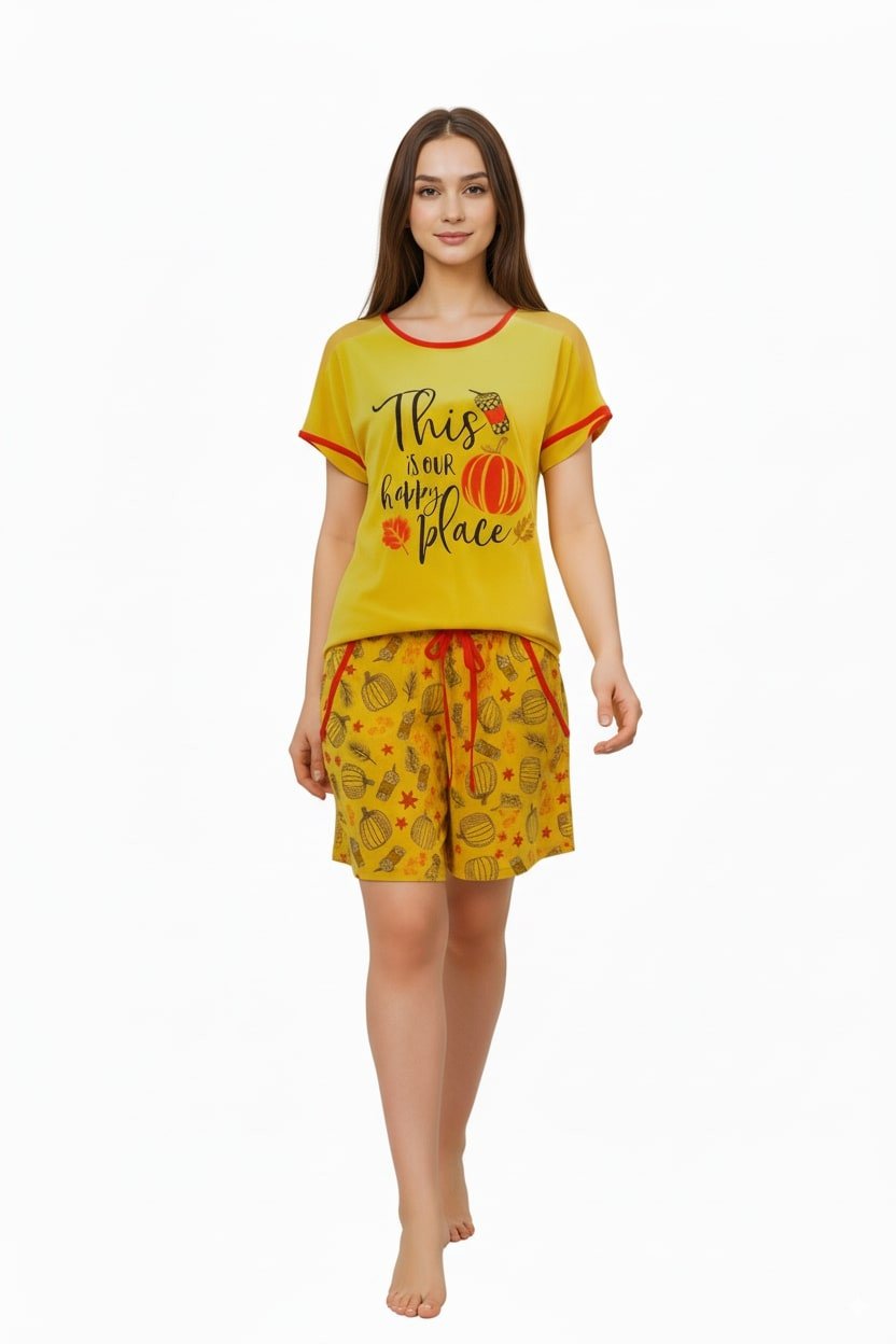 Women's Printed Cotton Lounge Set – "This is Our Happy Place" - Yellow