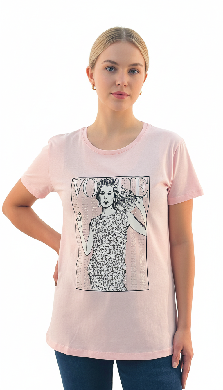 Women's Vogue Girl Design Round Neck Short Sleeve T-Shirt - Pink