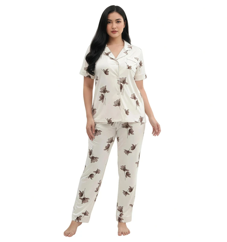 219365 Ladies  Floral Pajama Set - Beige