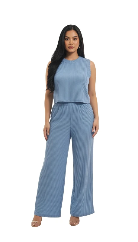 Women's Ribbed Knit Sleeveless Top & Wide Leg Pant Set - LightBlue