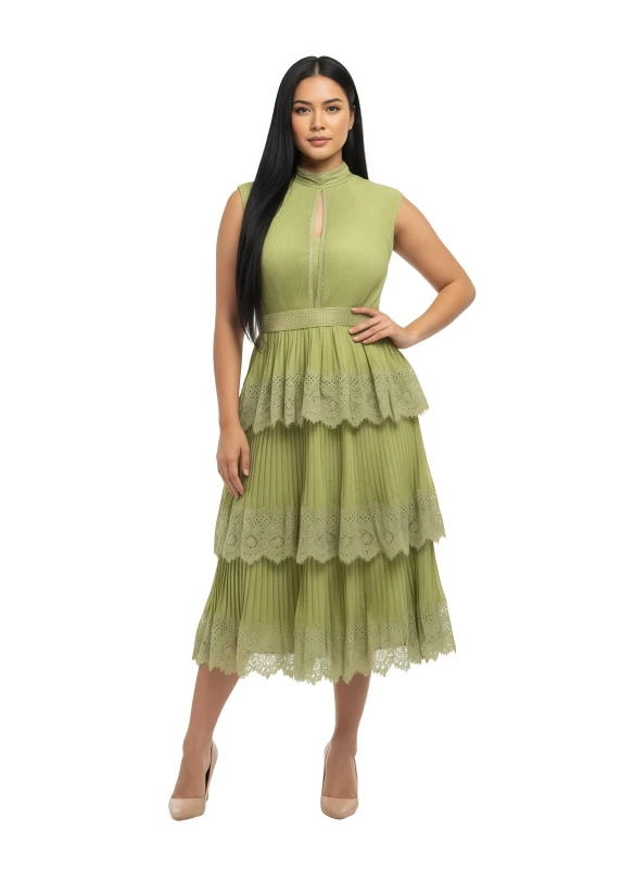 Women's Mock Neck Cutout Tiered Midi Dress - YellowGreen