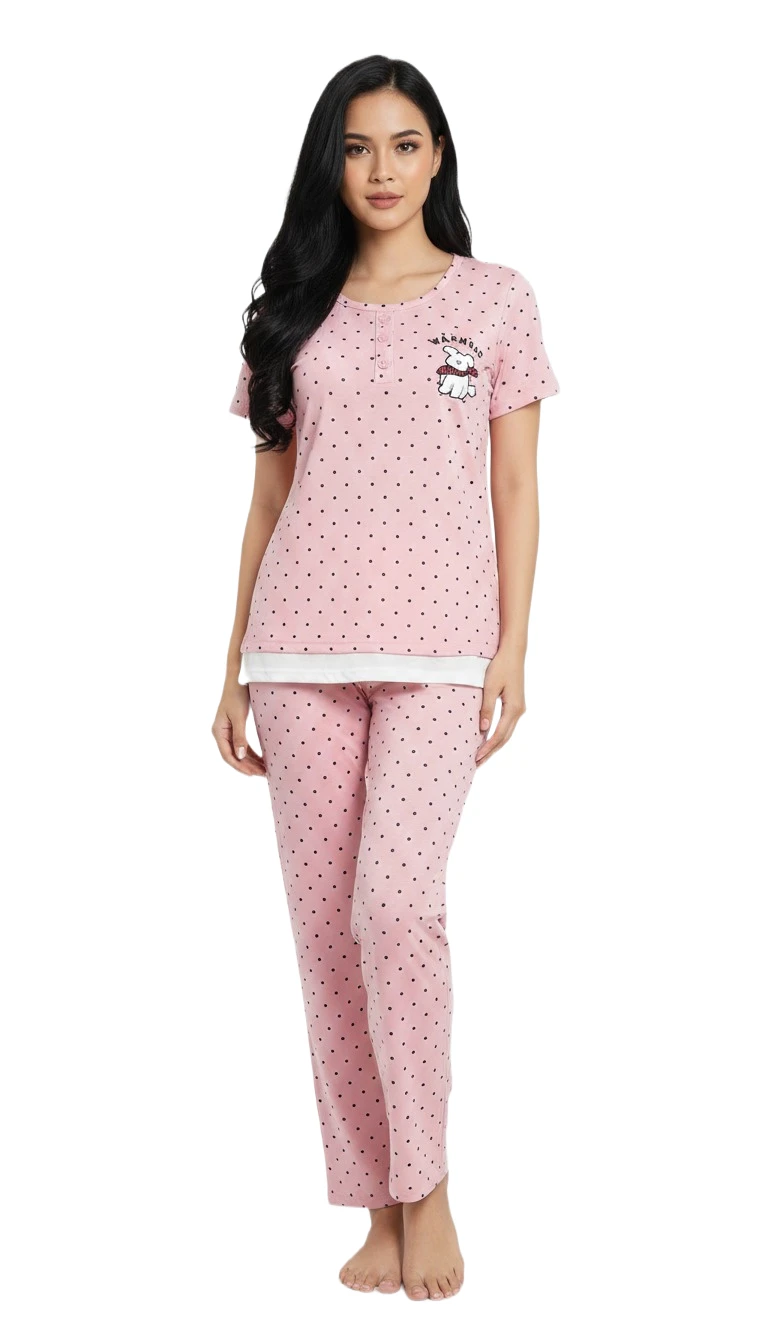 Pink Polka Dot & Character Ladies Pajama Set - Pink