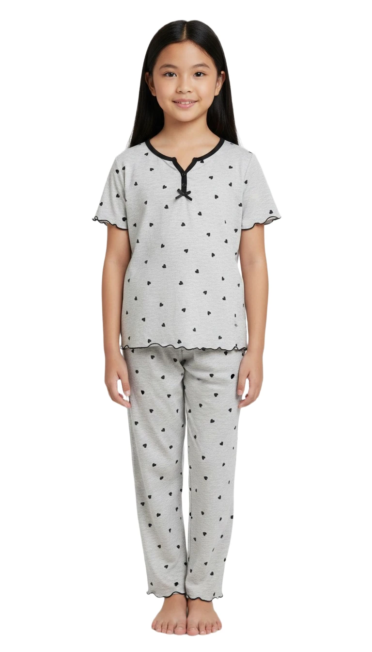 Girls' Grey Heart Print Short Sleeve Pajama Set - Gray