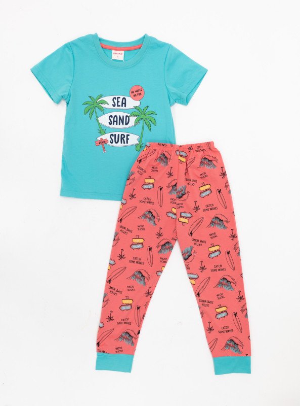 Boys' Beach Vibes Pajama Set – Surf Graphic Tee & Printed Pants - Turquoise