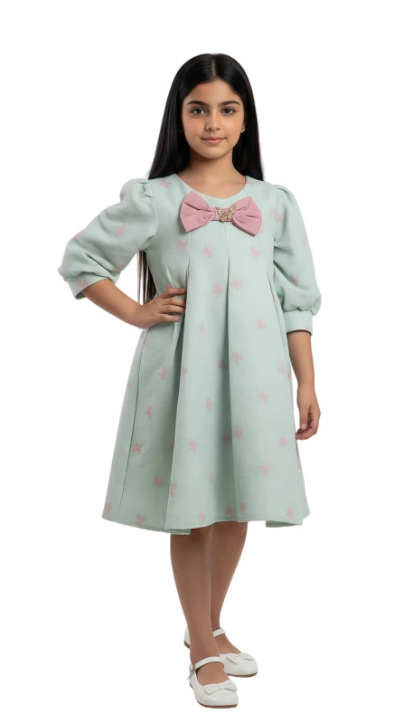 Girl's Blush Bow Embellished Pleated Dress - LightGreen