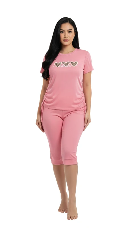 Ladies' "Love" Heart Print Cap Sleeve & Capris Pajama Set - Pink