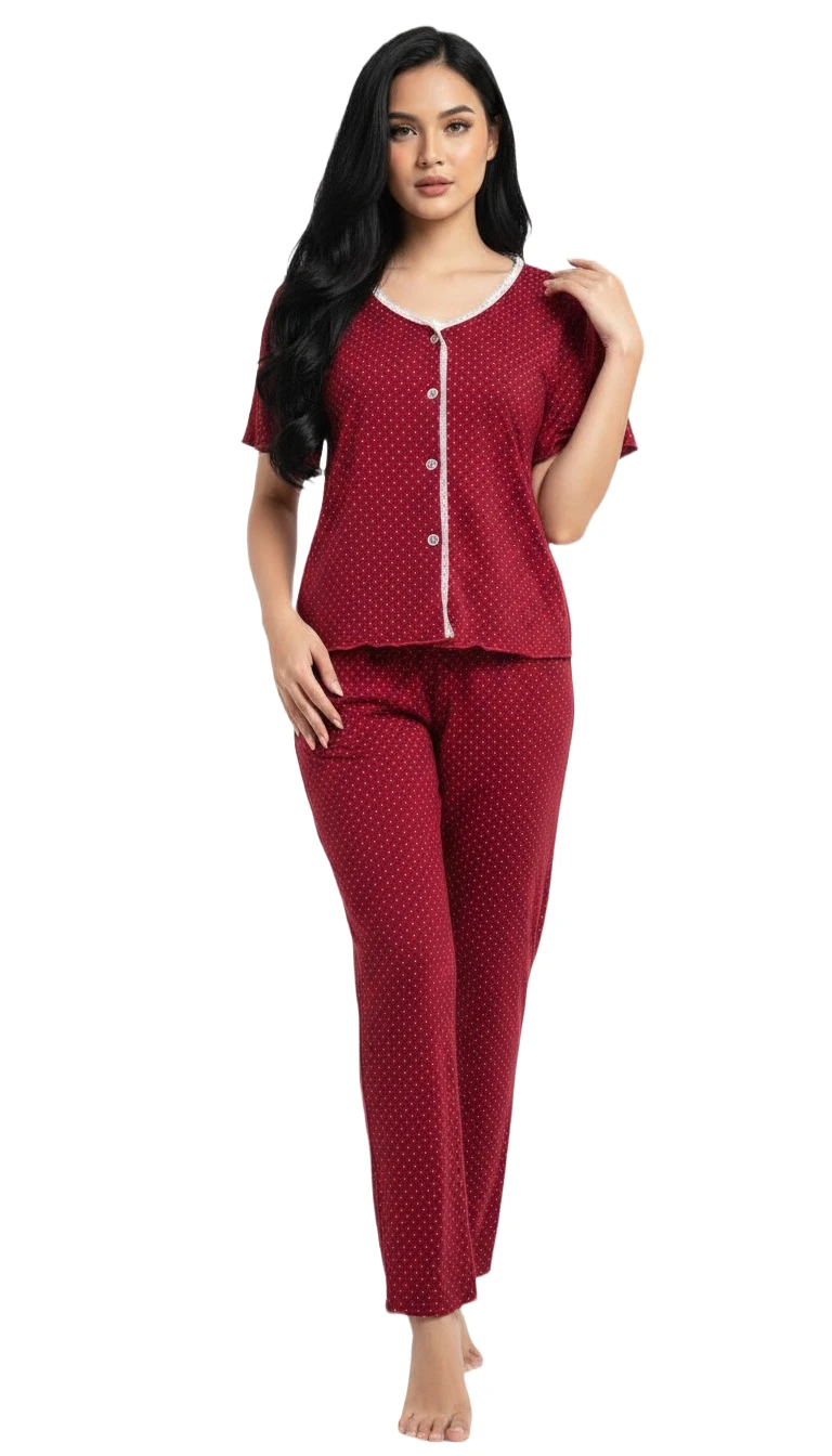 Red Dotted Ladies Short Sleeve Pajama Set - Red