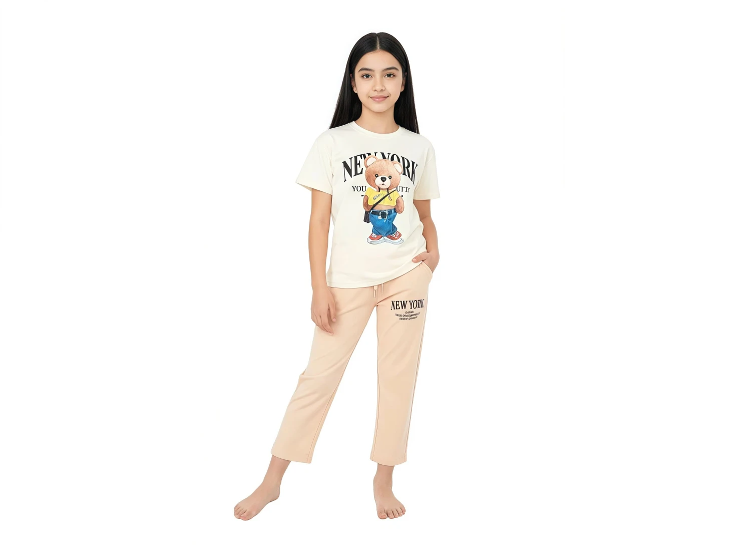 Cozy Bear Graphic Tee & Lounge Pants Set for Girls - White