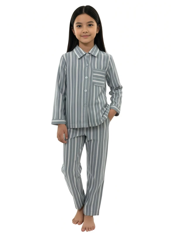 Girl's Striped Long-Sleeve Pajama Set - LightSlateGray