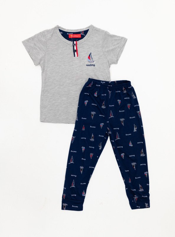Boys' Sailing Theme Pajama Set – Buttoned Tee & Printed Pants - LightSlateGray
