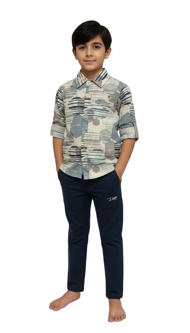 Boys' Patterned Shirt & Jogger Set - Blue