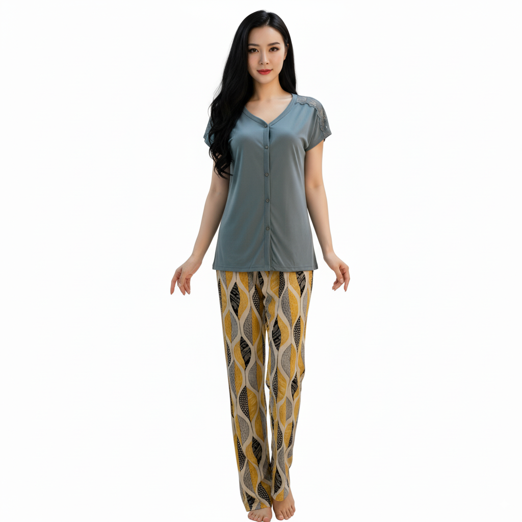 Women’s Printed Pajama Set with Lace Shoulder Detail - Gray
