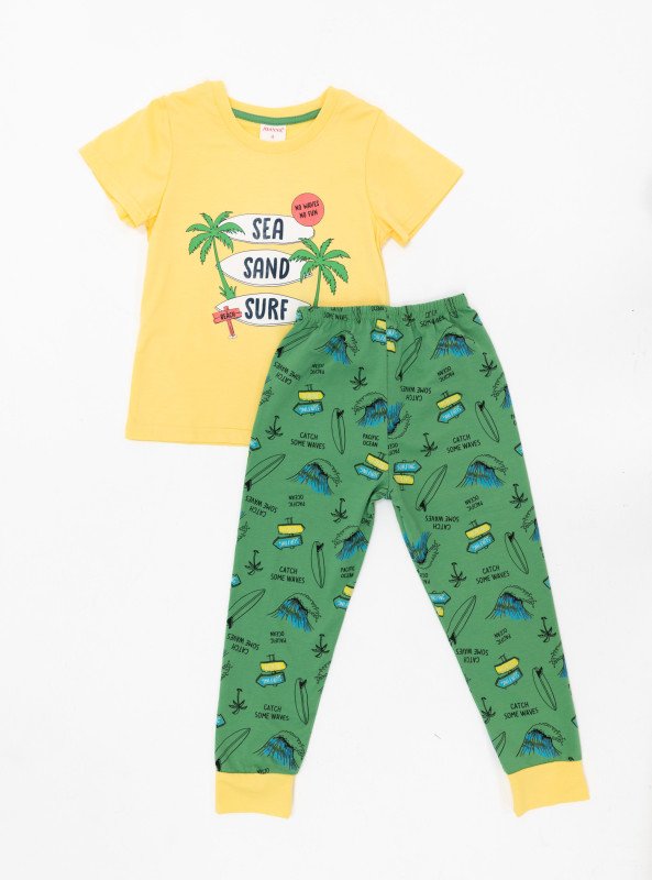 Boys' Beach Vibes Pajama Set – Surf Graphic Tee & Printed Pants - Yellow