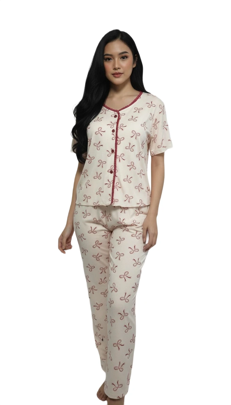 Women's Bow Print Pajama Set with Red Trim - Beige