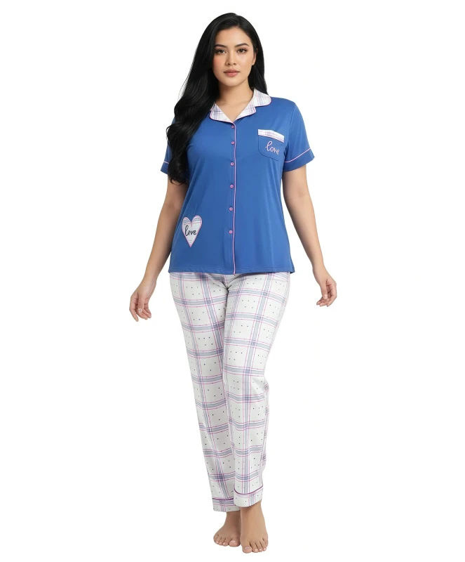 Women's Love & Plaid Comfort Pajama Set - Blue