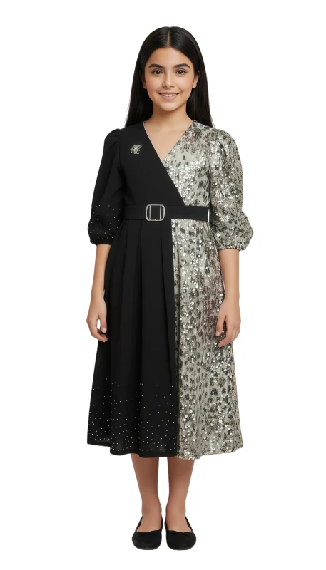 Girls' Sequin & Velvet Belted Midi Dress - Black