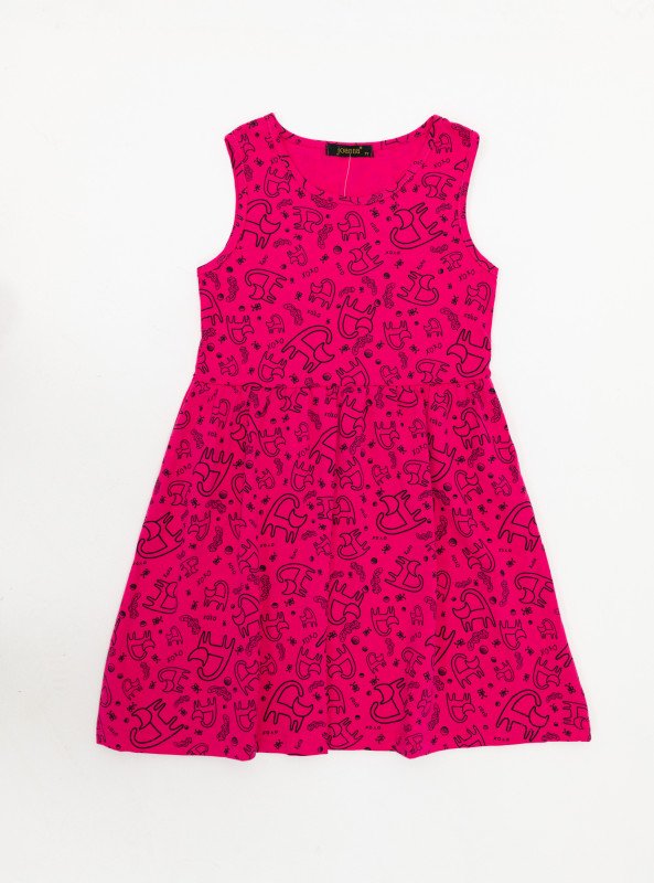 Girls’ Sleeveless Cartoon-Print Cotton Mini Dress - DeepPink