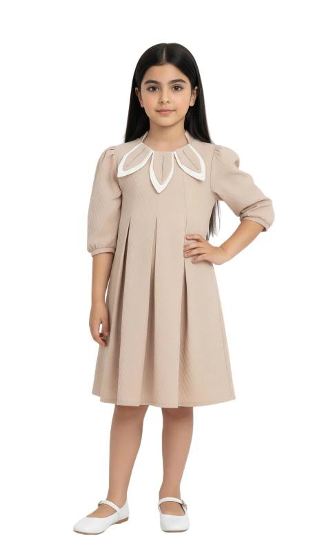 Girls' Pleated A-Line Dress with Petal Collar - Beige