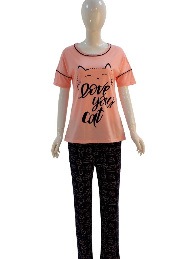 Women's "Love Your Cat" Cotton Pajama Set - Pink