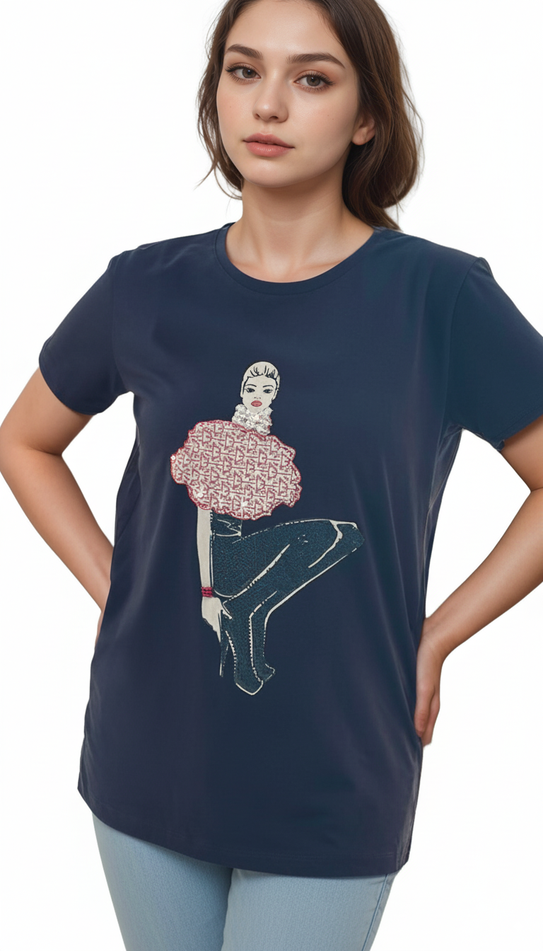 Women's Lady Wearing High Heels Design Round Neck Short Sleeve T-Shirt - Black
