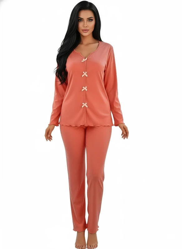 Bow-Front Ribbed Pajama Set - Pink
