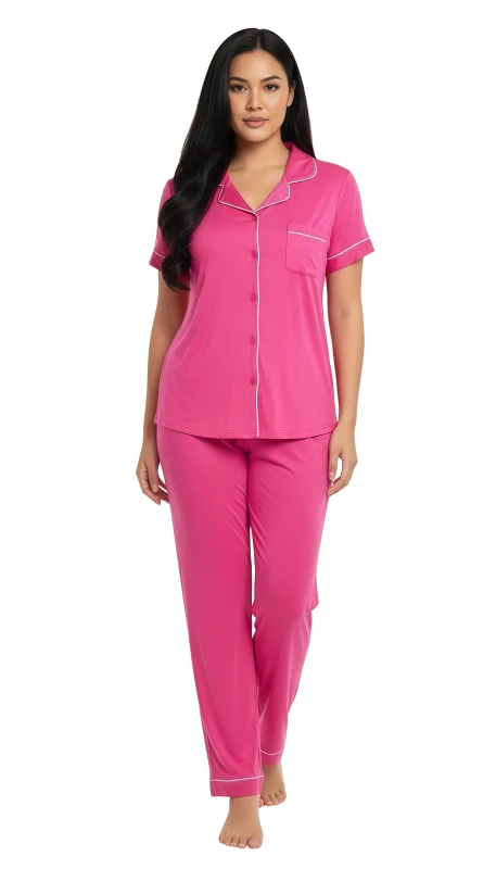 Women's Classic  Piped Pajama Set - DeepPink