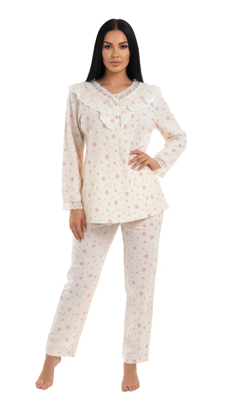 Women's Ruffled Neckline Floral Print Pajama Set - Beige