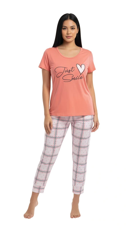Women's Just Smile Plaid Lounge Set - PeachPuff