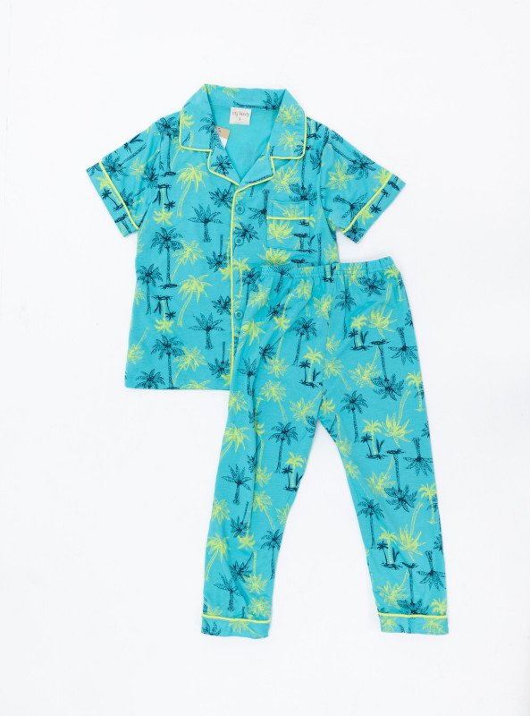 Boys' Tropical Button-Up Pajama Set – Palm Tree Print Shirt & Pants - Turquoise