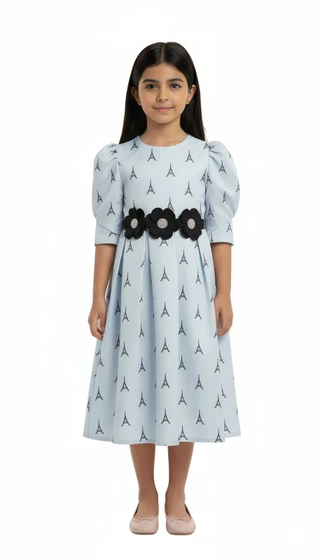 Girl's  Eiffel Tower Print Dress with Floral Belt - Blue