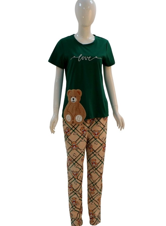 Women's Cute Bear Print Pajama Set – 3 Colors - Green