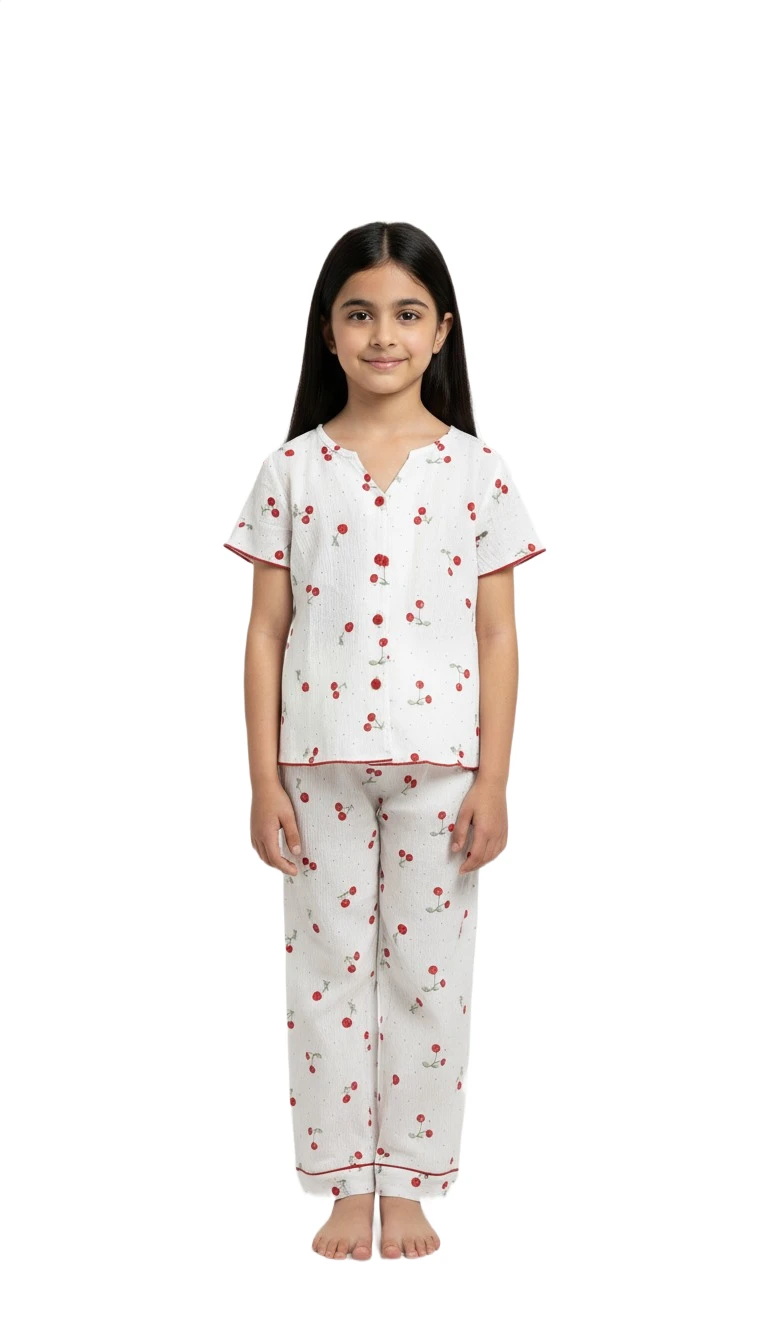F816776 Girls' Cherry Print Pajama Set - Red