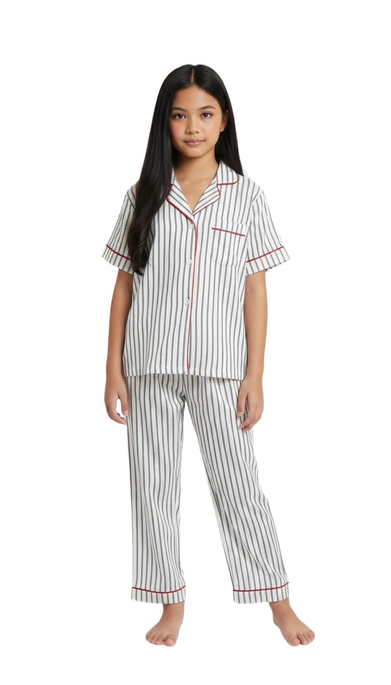 Girls' Striped Short Sleeve & Pant Pajama Set - White