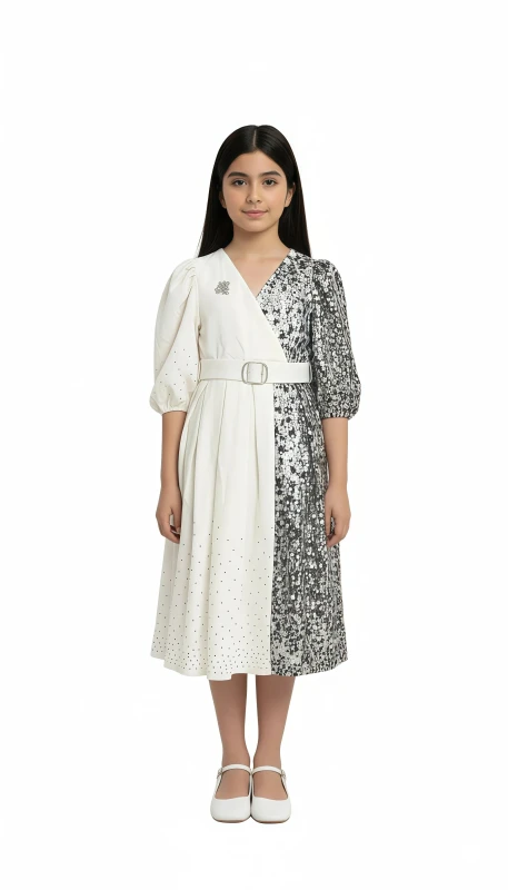 Girls' Sequin & Velvet Belted Midi Dress - Beige