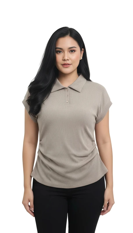 Women's Casual Ribbed Polo Blouse - Beige